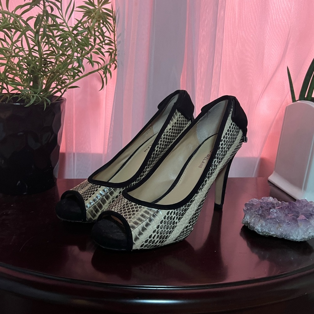 Antonio Melani open toe pumps Snakeskin with black velvet accents and bows